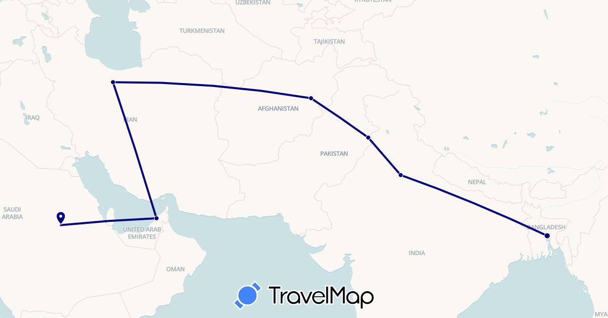TravelMap itinerary: driving in United Arab Emirates, Afghanistan, Bangladesh, India, Iran, Pakistan, Saudi Arabia (Asia)